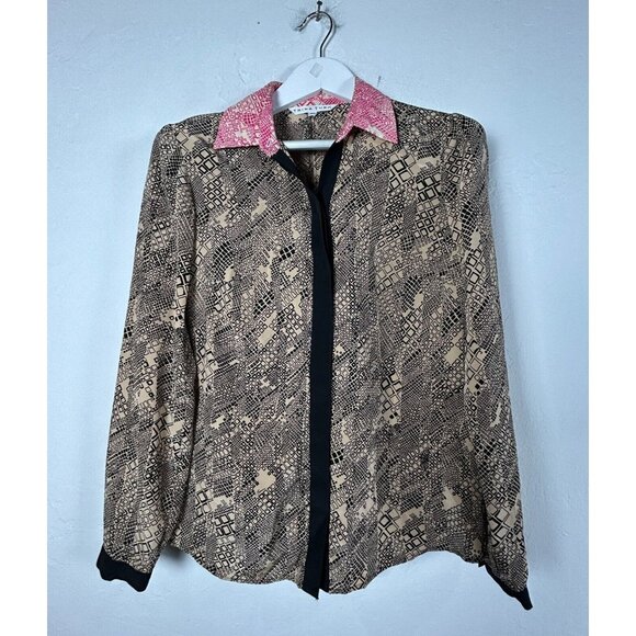 Trina Turk Women's Long Sleeve Blouse Hidden Button Geo Print Silk Size Medium - Picture 1 of 8